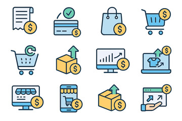 Online shopping and e-commerce icons: cart, credit, sales, delivery, graphs