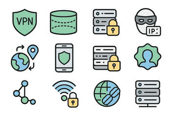 Internet security icons featuring vpn, data protection, and network privacy