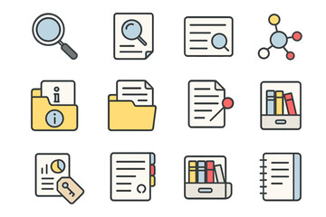 Colorful document and folder icons with magnifying glass and books