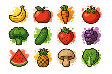Colorful cartoon fruits and vegetables on textured background