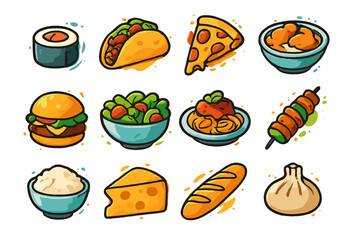 Colorful illustration of various foods including pizza, sushi, and burgers