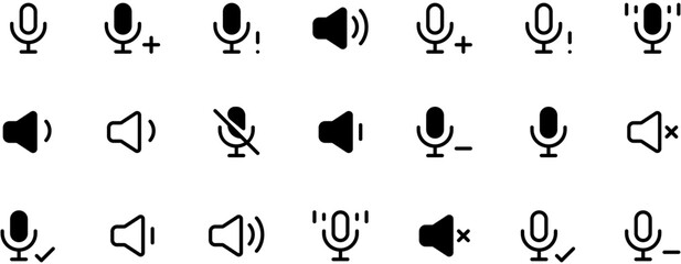 Minimalist black vector icons of microphones and speakers with volume levels for UI design, featuring simple monochrome shapes on white background
