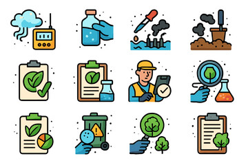 Environmental monitoring icons for pollution, research, and conservation efforts