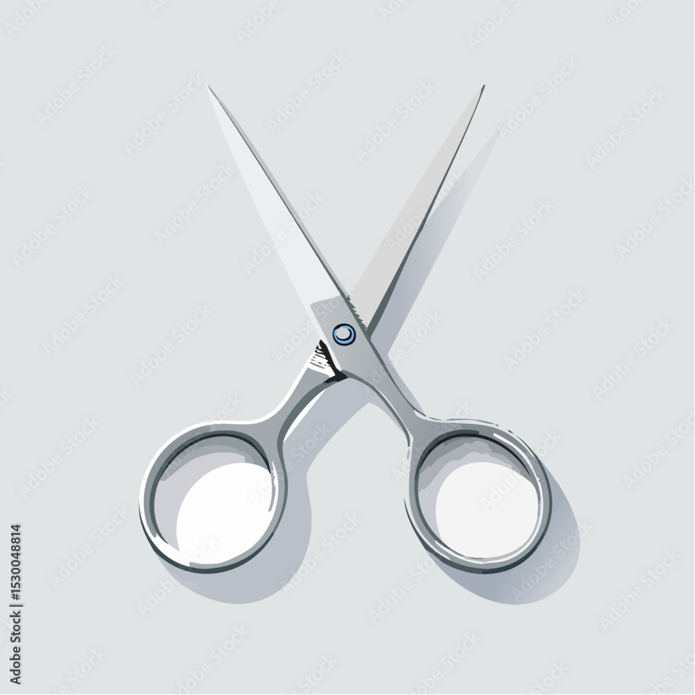 Poster minimal vector of silver scissors, slightly open, sharp and centered on white.