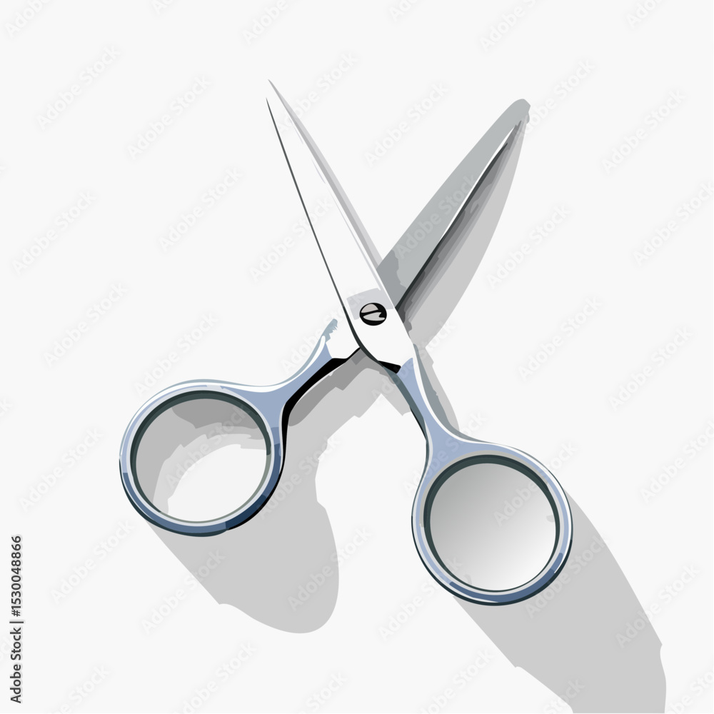 Poster minimal vector of silver scissors, slightly open, sharp and centered on white.