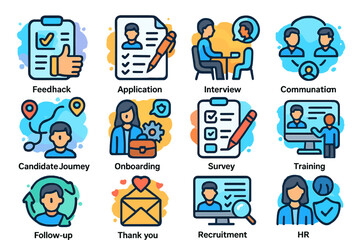 Fototapeta premium Human resources icons: interview, application, training, recruitment, onboarding