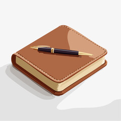 Minimal vector of a brown leather notebook with pen placed on top, crisp and centered.