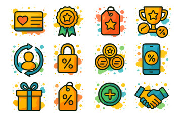 Colorful loyalty program icons with rewards, discounts, and gifts