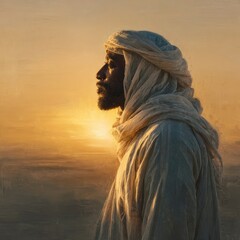Man in traditional clothing at sunset contemplative portrait warm tones artistic style