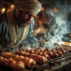 Man in traditional clothing grilling meat skewers