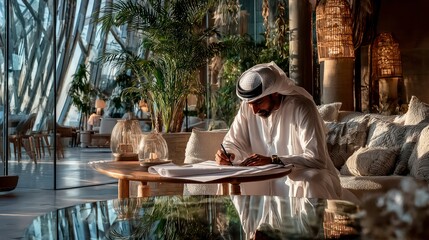 Man in traditional clothing working on design documents in a modern interior