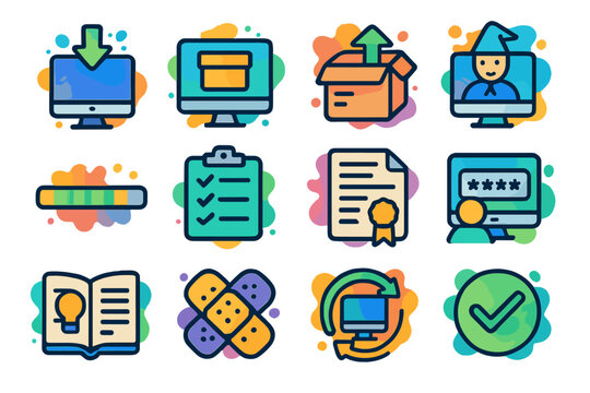 Colorful technology and business icons on gradient background