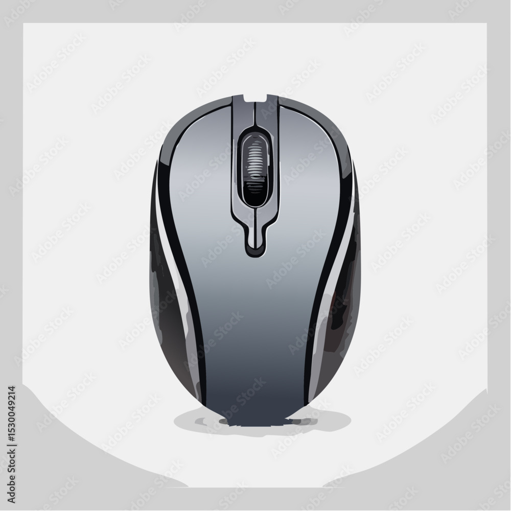 Poster minimal vector of a wireless grey computer mouse, centered and crisp on white.