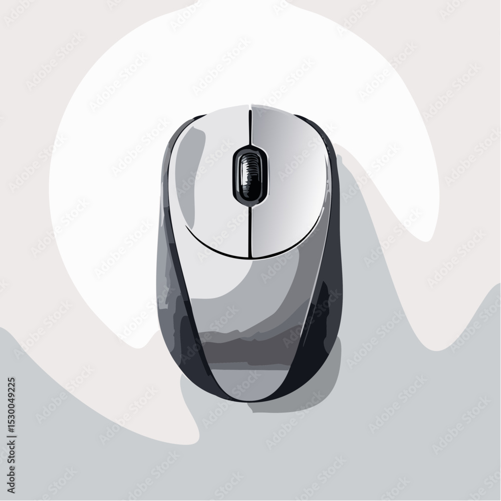 Poster minimal vector of a wireless grey computer mouse, centered and crisp on white.