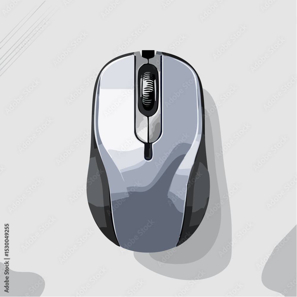 Poster minimal vector of a wireless grey computer mouse, centered and crisp on white.