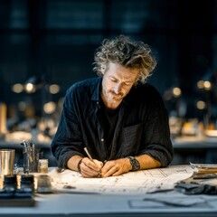 Man sketching detailed design on large paper at his workspace