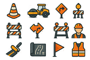 Construction icons set: signs, equipment, safety gear, blueprints