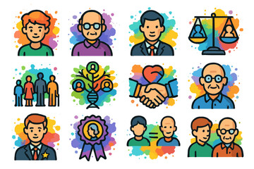Diverse icon set featuring people, balance, and relationships