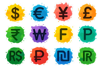 Colorful currency symbols on vibrant background grid