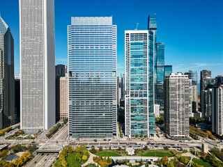 Modern business city landscape. Cityscape with business city district. Chicago cityscape skyline architecture. Skyscraper business area. Chicago cityscape. Business district. Chicago city skyline