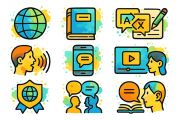 Colorful language learning icons with communication and education elements