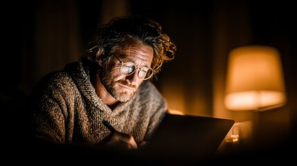 Man working on tablet at night cozy home office setting