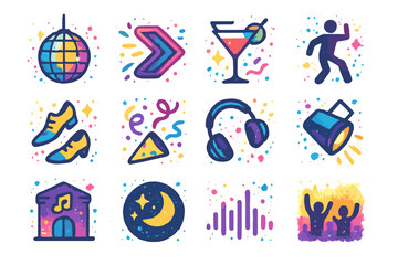 Neon party icons with disco ball, headphones, drinks, and dancing figures