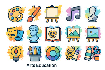 Colorful icons representing various art forms and tools for creative education