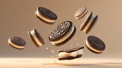 Floating Chocolate Sandwich Cookies with Cream Filling and Crumbs – Creative Snack Concept on Beige Background