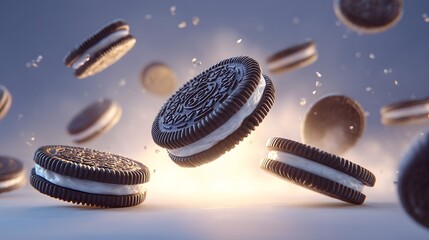 Floating Chocolate Sandwich Cookies with Cream Filling and Dramatic Light – Creative Food Concept