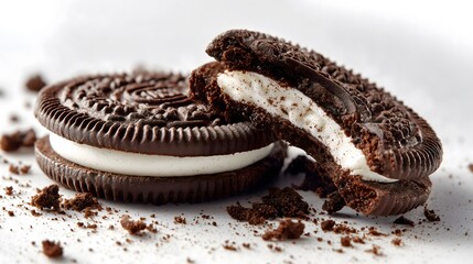Chocolate Sandwich Cookie with Cream Filling and Crumbs on White Background – Bite Taken
