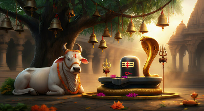 Spiritual artwork of Nandi sitting beside Shivlinga under sacred tree in temple courtyard
