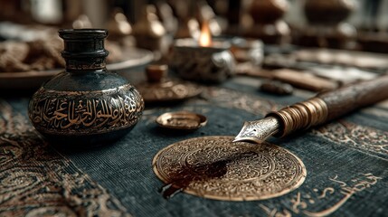 Ornate Inkwell Antique Pen and Calligraphy Details