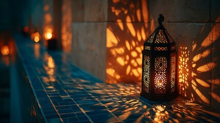 Ornate Lantern with Warm Light Casting Shadows on Tiles