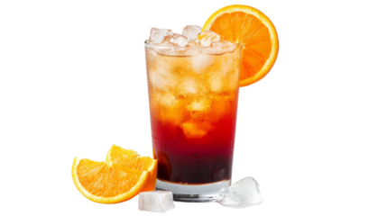 Refreshing iced beverage with orange slices served in tall glass on transparent background