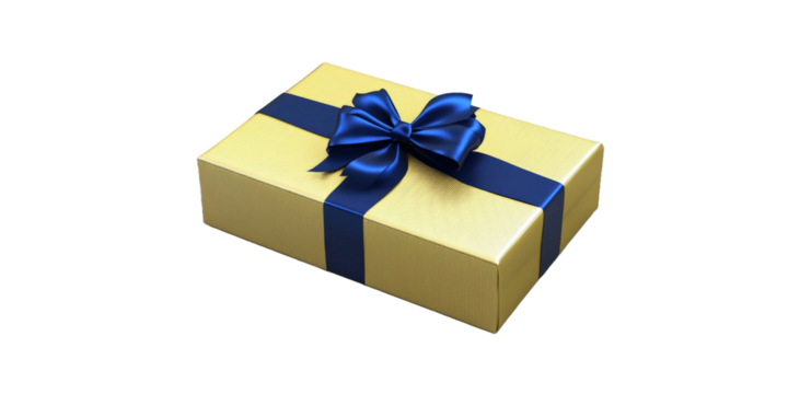 Gift box wrapped in shiny gold paper with a navy blue ribbon sits on a transparent background