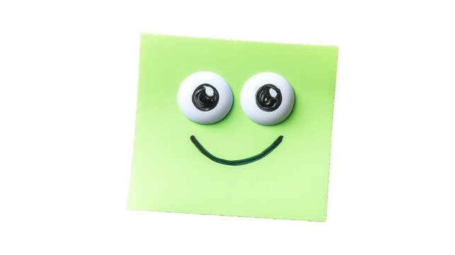 Happy green sticky note with googly eyes and a smiling face on a transparent background for creative projects