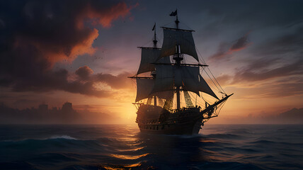 Obraz premium pirate ship slowly emerges from ocean mist. With dramatic twilight lighting with a gentle pull-out