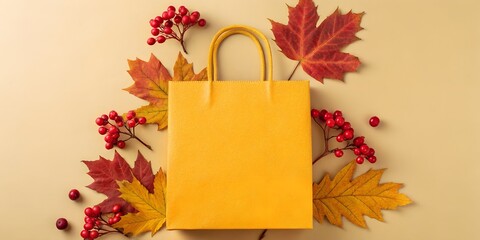 Craft bag mockup next to vibrant autumn leaves and red berries on beige background
