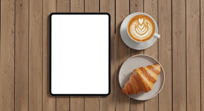 Tablet with Coffee and Croissant on Wooden Table