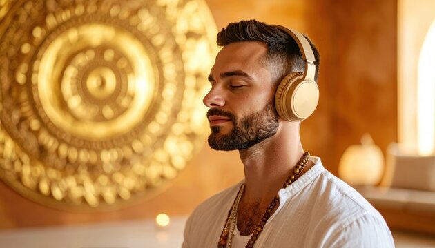 A serene man meditating with headphones in golden spiritual space symbolizing mindfulness, inner peace, sound therapy, and wellness lifestyle trend