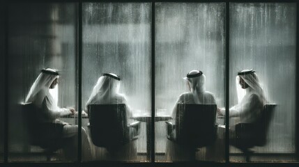 Rainy day business meeting four men in traditional robes seen through a rainstreaked window