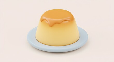 Custard Pudding Dessert with Caramel Sauce on Pale Blue Plate