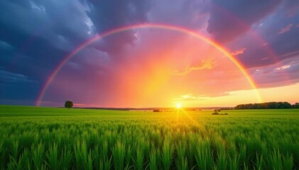 Naklejka premium Vibrant rainbow arching over lush green field at sunset , spring, colors, horizon