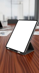 Tablet Mockup on a Wooden Conference Table in an Office