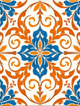 Abstract Geometric Orange Blue Floral Pattern Tile Design
