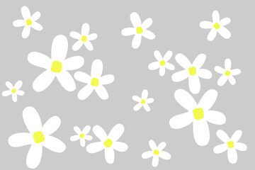 Vibrant white flowers with yellow centers scattered against a gray background create a cheerful and lively atmosphere