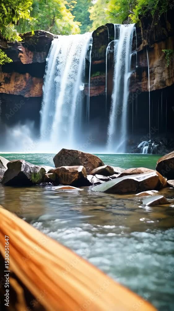Aufkleber cascading waterfalls flow into a cool, rocky pool behind a fallen log, creating a tranquil and seren