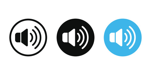 Set of three minimalist flat speaker icons on white. Variations: black circle/white border; black/white speaker+waves; light blue circle/white speaker+waves. Bold contrasting colors, symmetrical, cent