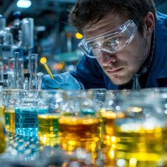 Scientist working in a laboratory with colorful chemicals